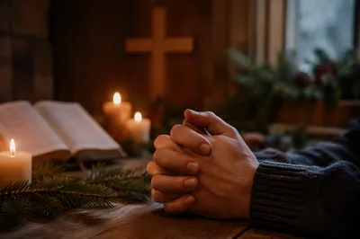 Candlelit Prayer Hands with Evergreen Sprigs