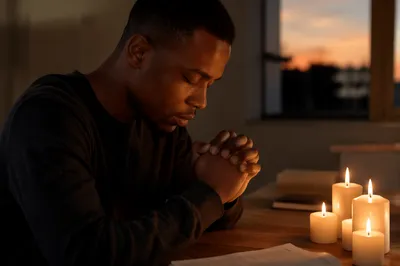 Young Man Praying by Candlelight