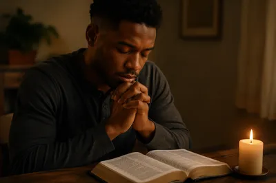 Young Man Praying by Candlelight
