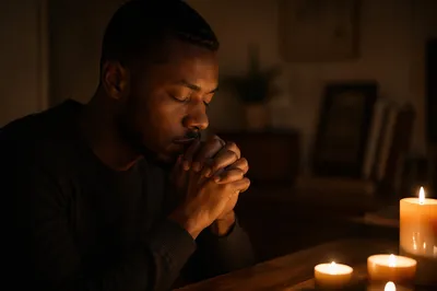 Young Man Praying by Candlelight