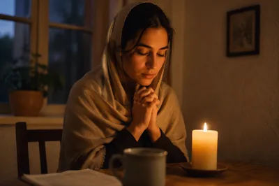 Woman Praying by Candlelight at Table