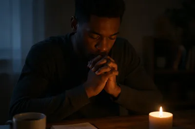 Young Man Praying by Candlelight