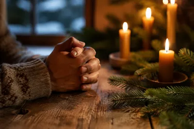 Praying Hands by Candlelit Evergreen Table
