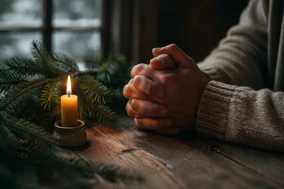 Candlelit Prayer Hands with Evergreen Sprigs