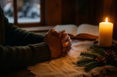 Folded Hands in Candlelit Evergreen Prayer