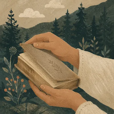 Hands Holding Worn Bible in Evergreen Prayer