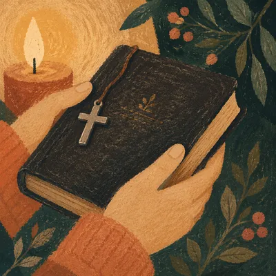 Hands Holding Bible with Cross Pendant