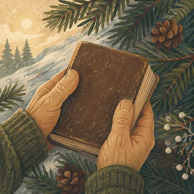 Weathered Hands Holding Bible Among Evergreens