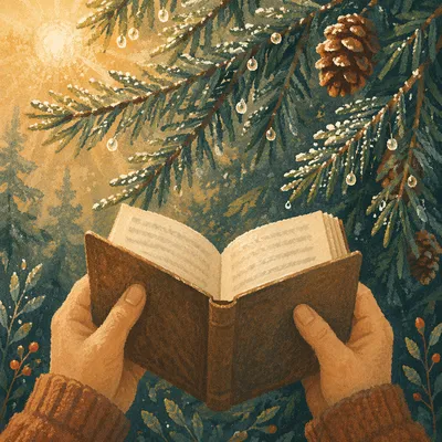 Hands Holding Bible Among Evergreen Branches