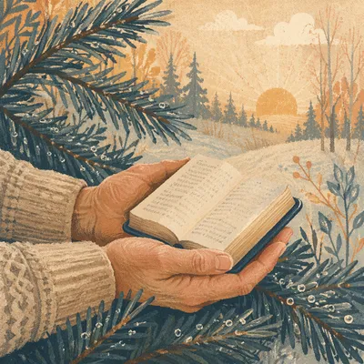 Weathered Hands Holding Bible Among Evergreens