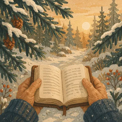 Weathered Hands Holding Bible Among Snowy Evergreens