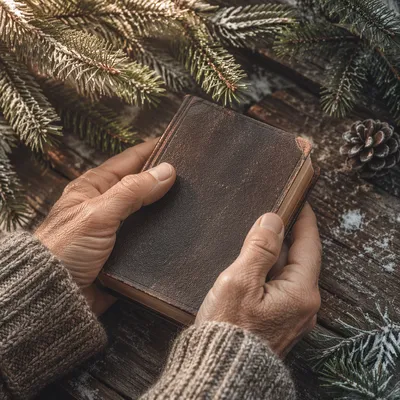 Weathered Hands Holding Bible Among Evergreens
