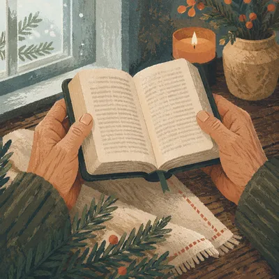 Weathered Hands Holding Bible With Evergreen