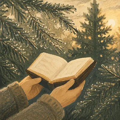 Hands Holding Bible Among Evergreen Branches