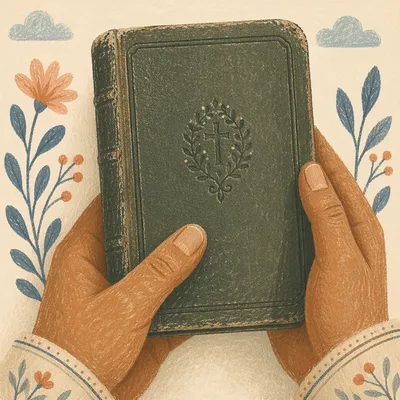 Hands Holding Evergreen Bible in Prayer