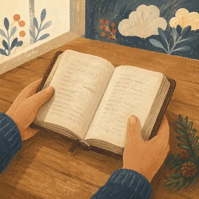 Hands Holding Open Bible with Evergreen