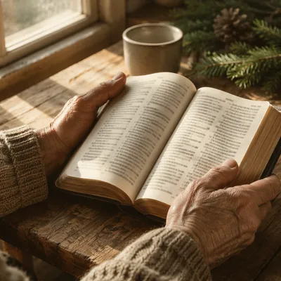 Hands Holding Open Bible by Window