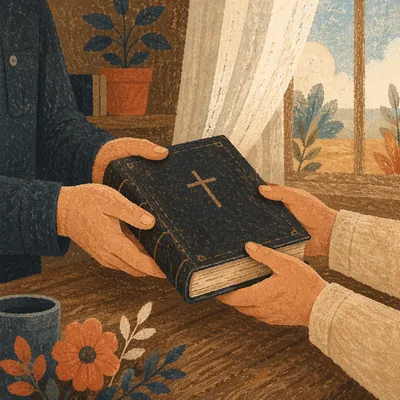 Hands Passing Bible in Warm Light