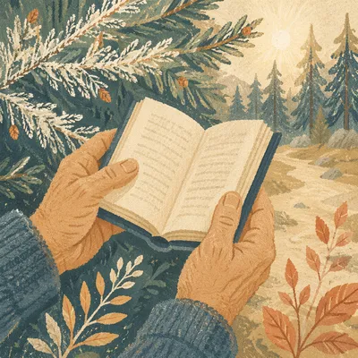 Weathered Hands Holding Bible Among Evergreens