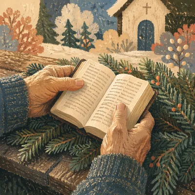 Weathered Hands Holding Bible Among Evergreens