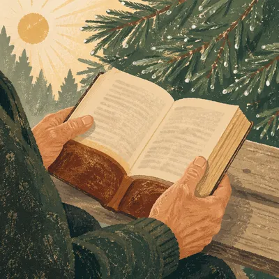 Weathered Hands Holding Worn Bible by Evergreens