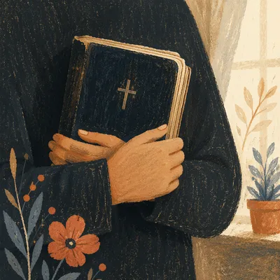 Hands Holding Worn Bible in Prayer