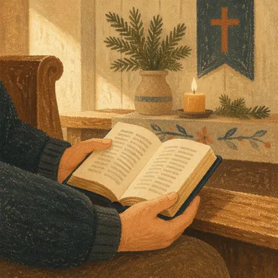 Hands Holding Bible in Quiet Chapel