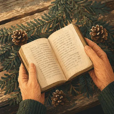 Weathered Hands Holding Bible Among Evergreens