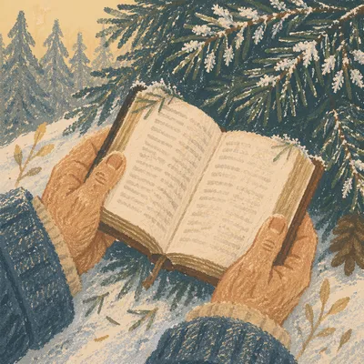 Weathered Hands Holding Bible Among Evergreens