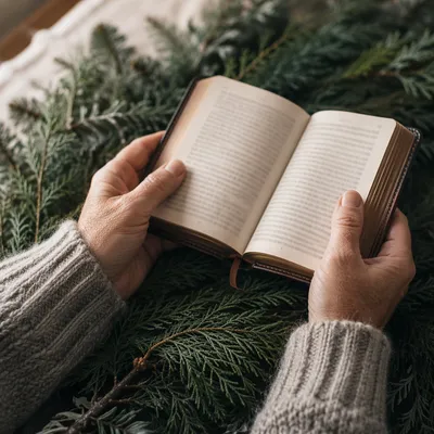 Hands Holding Bible on Evergreen Branches