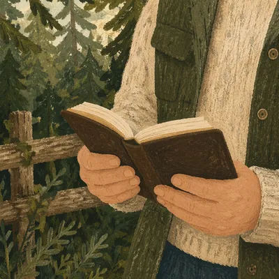 Hands Holding Bible in Evergreen Woodland