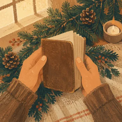 Hands Holding Bible Among Evergreen Branches
