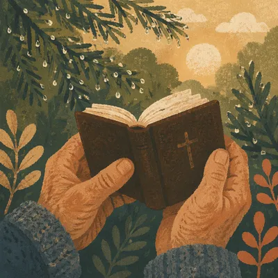 Weathered Hands Holding Bible Among Evergreens