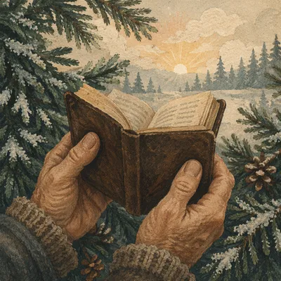 Weathered Hands Holding Bible Among Evergreens