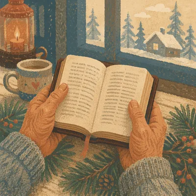 Weathered Hands Holding Bible Among Evergreens