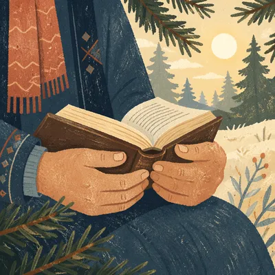 Weathered Hands Holding Bible Among Evergreens