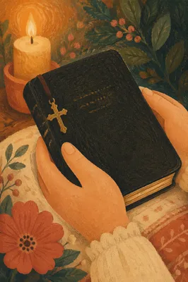 Hands Holding Bible with Cross Pendant