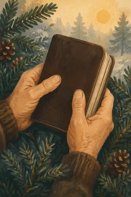 Weathered Hands Holding Bible Among Evergreens