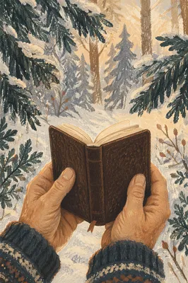 Weathered Hands Holding Bible in Snowy Evergreens