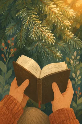 Hands Holding Bible Among Evergreen Branches