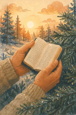 Weathered Hands Holding Bible Among Evergreens