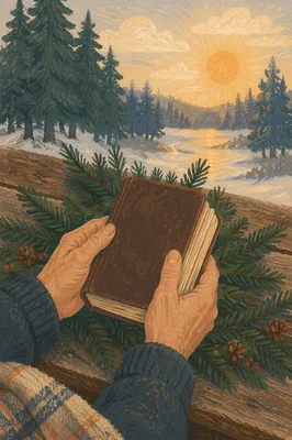 Weathered Hands Holding Bible Among Evergreens