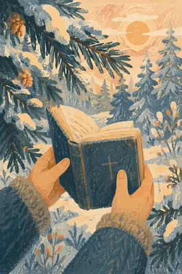 Hands Holding Bible in Snowy Pines
