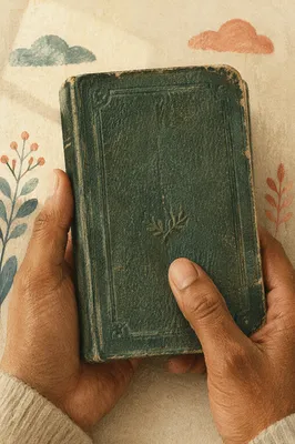 Hands Holding Worn Evergreen Bible