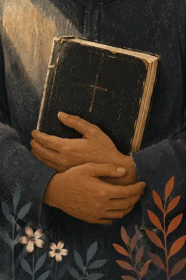 Reverent Hands Holding Worn Black Bible