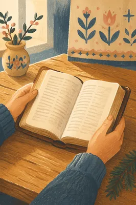 Hands Holding Open Bible with Evergreen