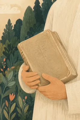 Hands Holding Worn Bible in Evergreen Garden