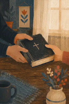 Hands Gently Passing a Worn Bible