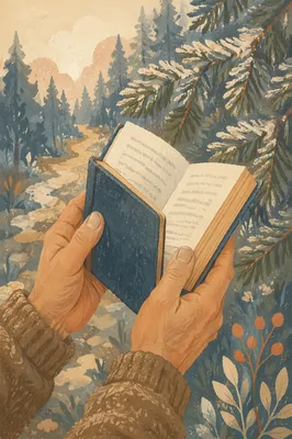 Weathered Hands Holding Bible Among Evergreens