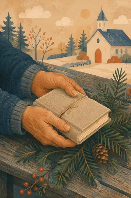 Weathered Hands Holding Bible with Evergreen